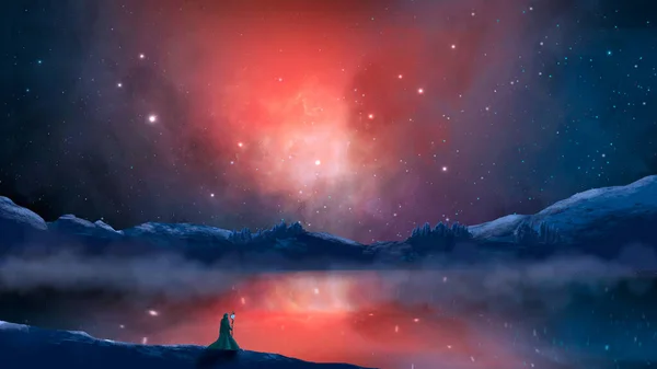 Волшебник Стоит Фантастическом Ландшафте Отражением Озере Речной Горе Скале Тумане — стоковое фото