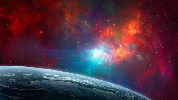 Rymdbakgrund Nattjord Planet Med Färgglada Fraktal Nebulosa Inslag Som Tillhandahålls — Stockfoto