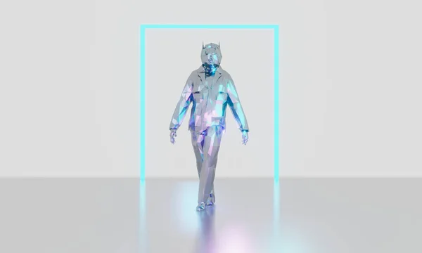 Niski Poli Neonowy Kolor Robor Walking Stojąc Podłodze Odbicia Lśniącym — Zdjęcie stockowe