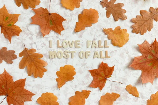 Autumn composition with quote I love fall most of all made from wooden letters on beige textured background