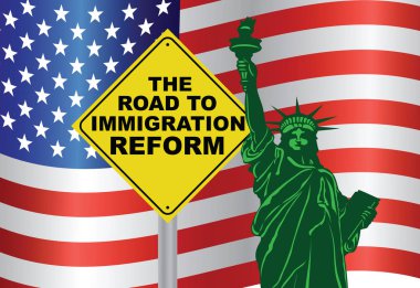 Hükümet yol Anıtı ABD Amerikan bayrağı ile göçmenlik Reform işaretiyle illüstrasyon vektör