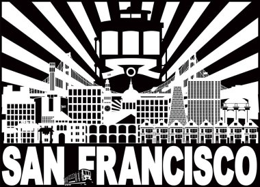 San Francisco Kaliforniya şehir manzarası arabası güneş ışınları Golden Gate Köprüsü siyah ve beyaz metin vektör çizim ile