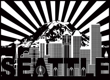 Seattle Washington anahat siluet şehir manzarası ile Mount Rainier güneş ışınları siyah izole üzerinde beyaz arka plan vektör çizim ile