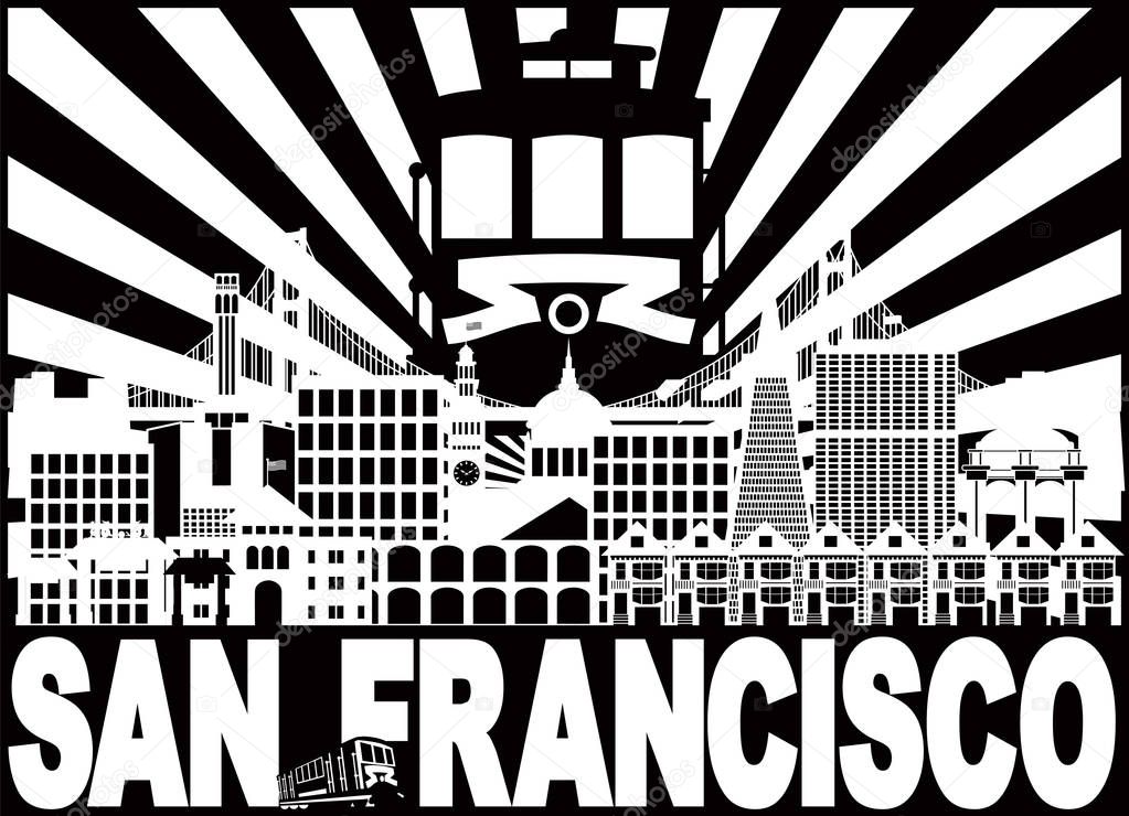 San Francisco California City Skyline with Trolley Sun Rays Golden Gate Bridge Black and White Text vector Illustration