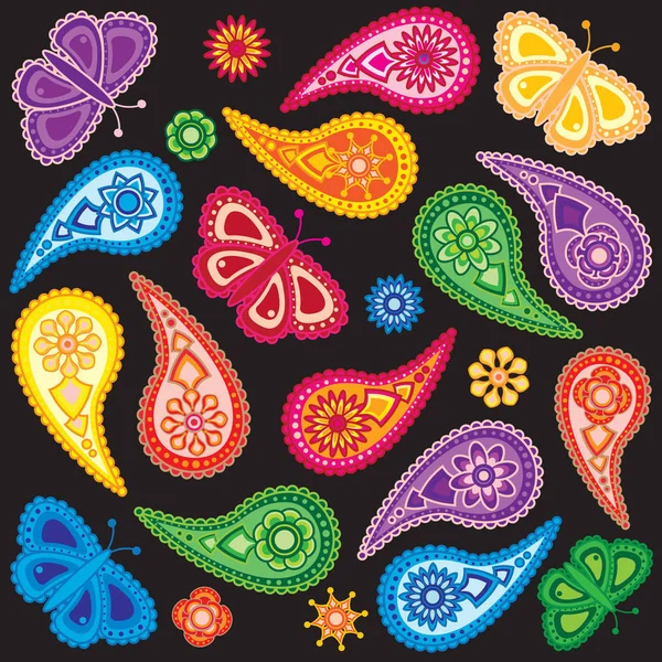 Flores Mariposas Diseño Paisley Tradicional Sin Costuras Fondo Aislado Sobre — Archivo Imágenes Vectoriales