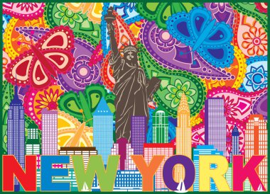 New York şehir manzarası Anıtı güneş ışınları ve metin Paisley desen renk Anahat vektör çizim ile