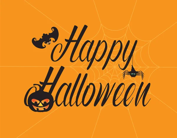 Happy Halloween Text Greeting Card Bat Pumpkin Jack Lantern Spider — Stock Vector