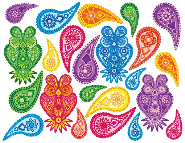Flowers Owls Traditional Paisley Design Pattern Background Isolated White Background — Stock Vector