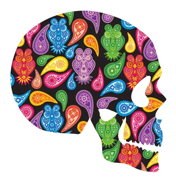 人間の頭蓋骨ヘッド シルエット ペイズリー花柄フクロウ カラフルなパターン ベクトル イラスト作成 — ストックベクタ