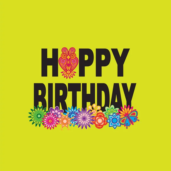 Lycklig Födelsedag Text Med Paisley Uggla Och Blommor Illustration Grön — Stock vektor