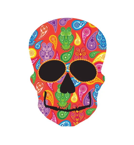 Human Skull Head Silhouette Paisley Floral Owl Colorful Pattern Front — Stock Vector