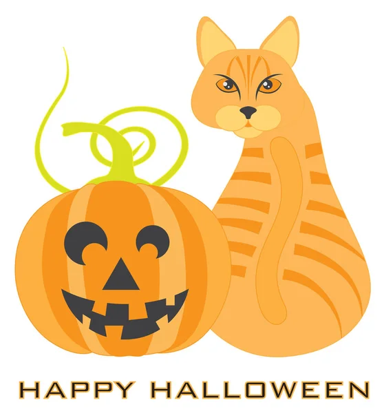 Halloween Orange Tabby Cat Sitting Looking Back Jack Lantern Pumpkin — Stock Vector