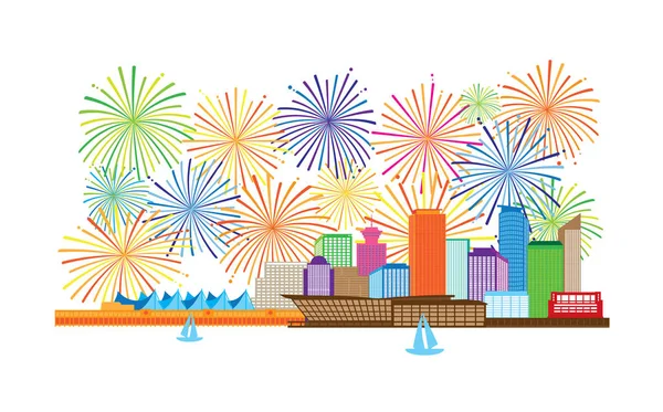 Vancouver British Columbia Canada City Skyline Fireworks Display Color Illustration — Stock Vector