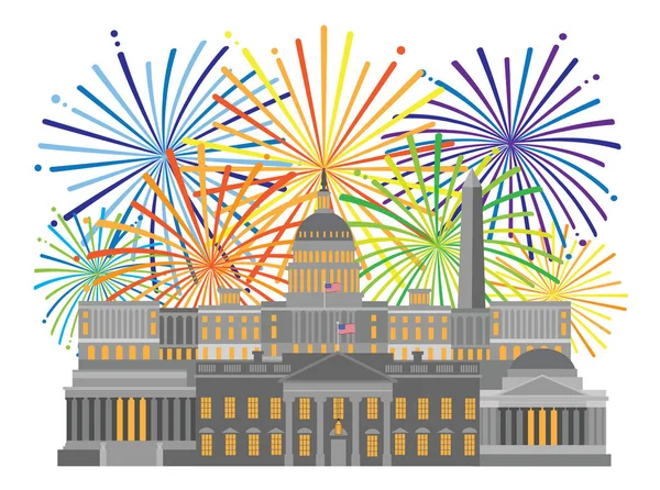 烟花在华盛顿特区纪念碑地标国会大厦和纪念品拼贴画被隔绝在白色背景例证 — 图库矢量图片