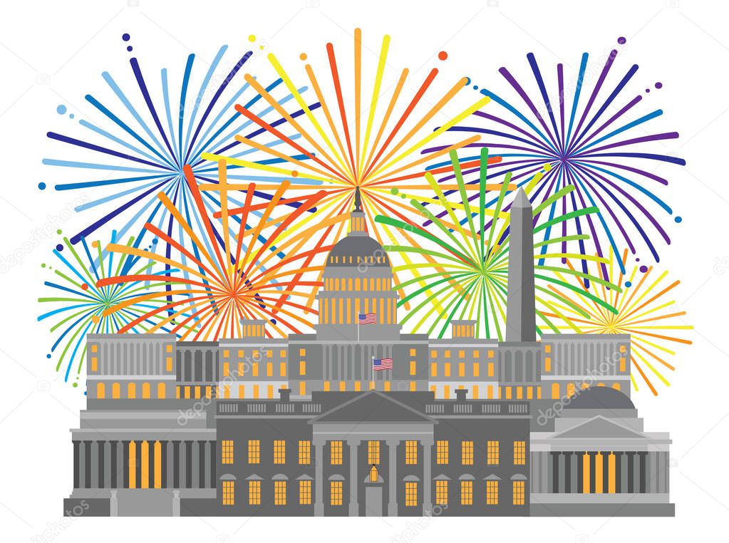 Fireworks over Washington DC Monuments Landmarks Capitol and Memorials Collage Isolated on White background Illustration