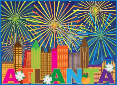 Atlanta Georgia şehir manzarası soyut şeftali Dogwood çiçek havai fişek ekran renkli metin vektör çizim ile