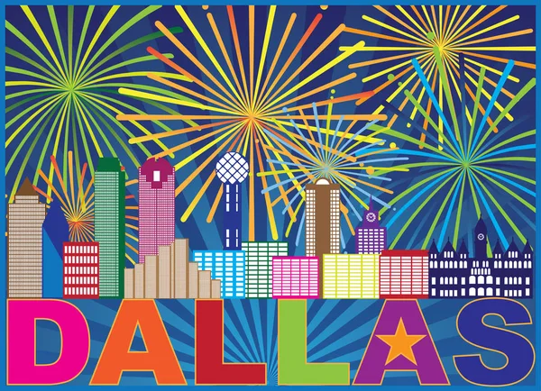 Dallas Texas City Skyline Esquema Fuegos Artificiales Pantalla Con Texto — Vector de stock