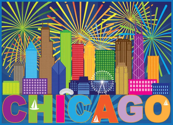 Chicago City Skyline Panorama Color Outline Silhouette Fireworks Text Background — Stock Vector