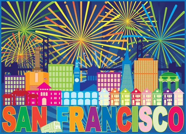 San Francisco California City Skyline Trolley Sun Rays Text Fireworks — Stock Vector