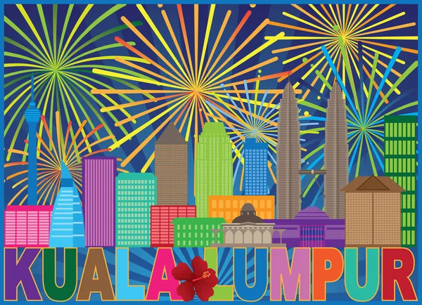 Kuala Lumpur Maleisië City Skyline Kleur Staat Bloem Hisbicus Fireworks — Stockvector