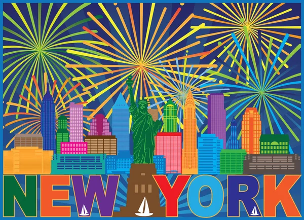 ニューヨーク市のスカイライン像自由花火とテキスト色アウトライン ベクトル図 — ストックベクタ