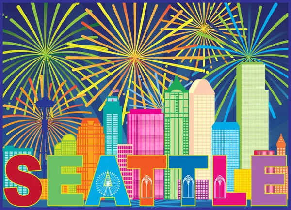 Seattle Washington Outline Silhouette City Skyline Sun Rays Colorful Fireworks — Stock Vector