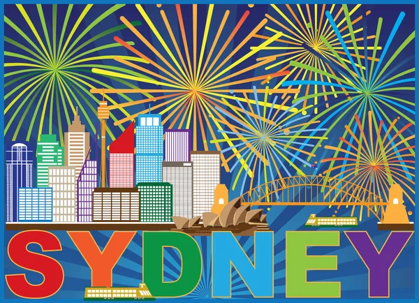 Sydney Australia Skyline Lugares Interés Puente Del Puerto Coloridos Fuegos — Vector de stock