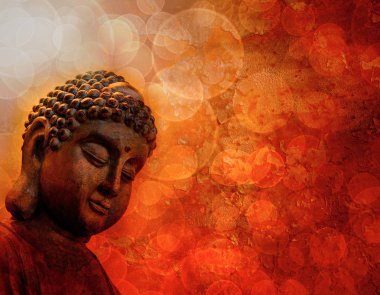 Kırmızı zemin ışık ışınları bulanık Grunge meditasyon bronz Zen Buda heykeli dokulu