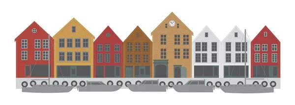 Bergen Norwegia Centrum Nabrzeże Kolorowe Budynki Zakupy Powiat Wektor Ilustracja — Zdjęcie stockowe