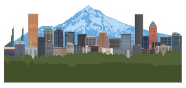 Portland Oregon şehir merkezi silueti Mount Hood renk çizimi ile