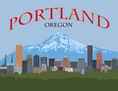 Portland Oregon şehir şehir manzarası Mount Hood renk poster vektör çizim ile