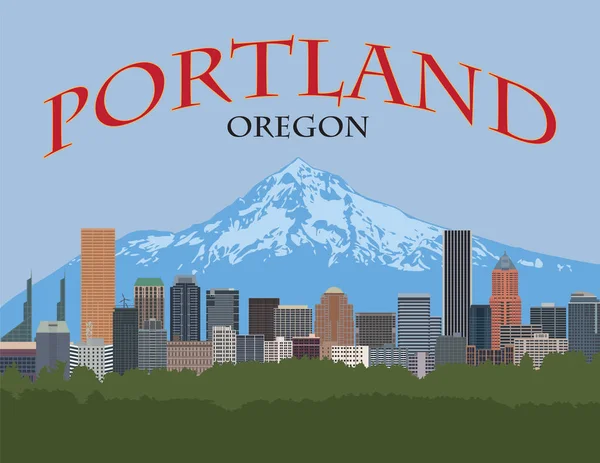 Portland Oregon Centrum Panorama Mount Hood Barevný Plakát Vektorové Ilustrace — Stockový vektor