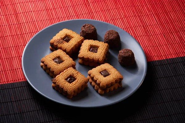 Chocolate Sand Chip Cookies Stacked Plate Ready Served — Stock Photo, Image