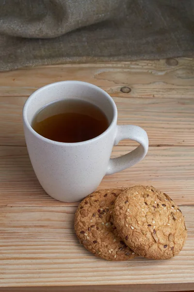 Oatmeal Cookies Sunflower Seeds Gray Cup Tea — Stock Photo, Image