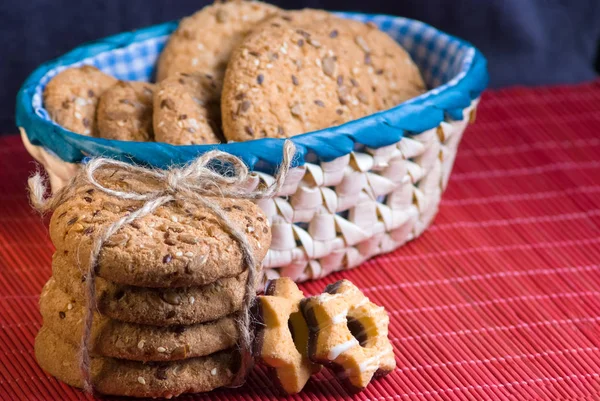 Homemade Oat Cookies Sunflower Seeds Rear Blue Checkered Basket Black — Stock Photo, Image