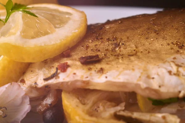 Delicious Roasted Carp Fish Lemon Slices Spices Fresh Rosemary Baking — Stock Photo, Image