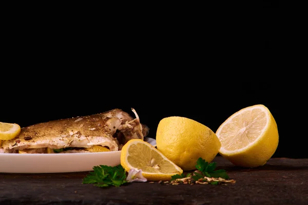 Delicious Roasted Carp Fish Lemon Slices Spices Fresh Rosemary Baking — Stock Photo, Image