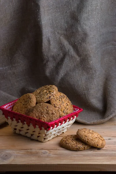 Homemade Oat Cookies Sunflower Seeds Basket Wooden Table — Stock Photo, Image