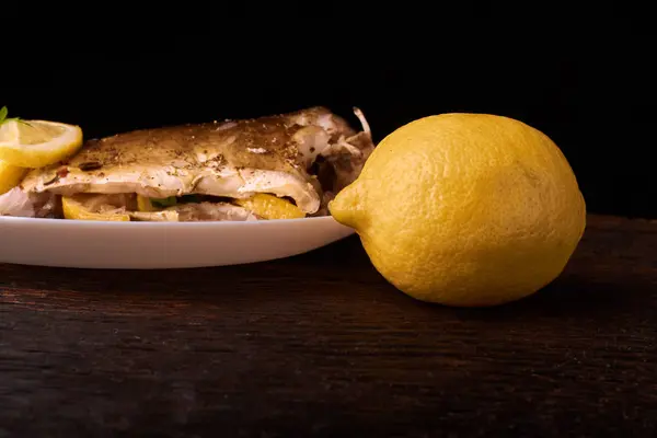 Wooden Table Plate Roasted Carp Fish Dorado Parsley Chives Lemon — Stock Photo, Image
