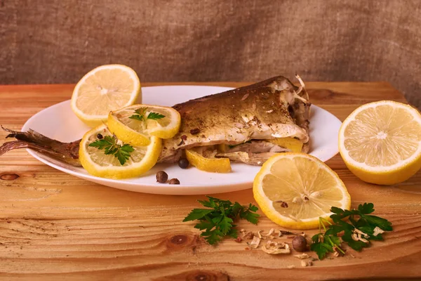 Grilled Fish Herbs Lemon Wooden Background Top View Mediterranean Luxurious — Stock Photo, Image