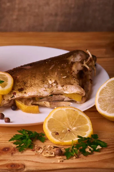 Grilled Fish Herbs Lemon Wooden Background Top View Mediterranean Luxurious — Stock Photo, Image