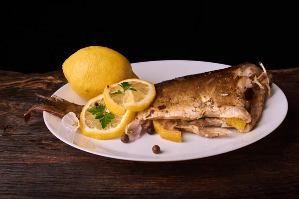Wooden Table Plate Roasted Carp Fish Dorado Parsley Chives Lemon — Stock Photo, Image
