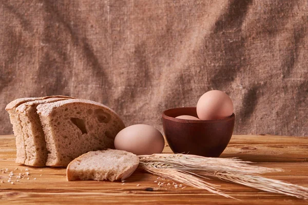 Fresh Delicious Bread Concept Baking Eggs Clay Bowl Wheat Sprouts — Stock Photo, Image