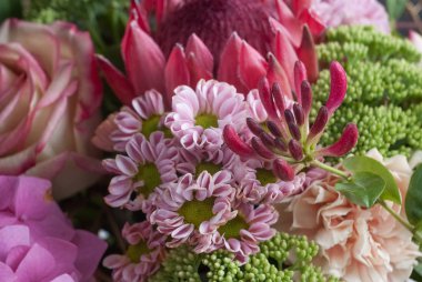 Güzel renkli düğün buketi. Kırmızı ve yeşil renk ile. Gri arka planı