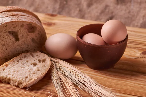 Fresh Delicious Bread Concept Baking Eggs Clay Bowl Wheat Sprouts — Stock Photo, Image