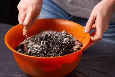 Gübre ve toprak kap içinde karıştırma. Bahçe işlemi