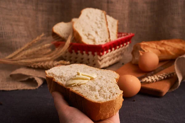 Bread with butter. Concept of homemade food. Close up — Stock Photo, Image