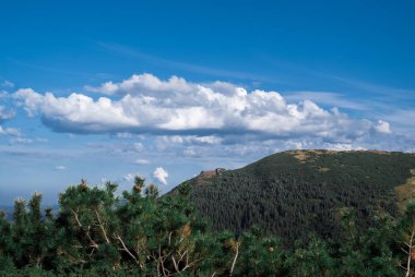 Bulutlar ve iğne yapraklı ormanlarla güneşli bir günde dağlar. Manzara