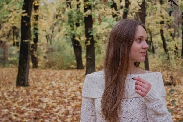 Ritratto di una ragazza bella, sognante e felice con lunghi capelli ondulati in maglia maglione autunno. Bel tempo. — Foto Stock