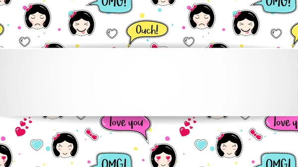 Girl banner with anime emoji pattern. Cute stickers with emotico — Stock Vector